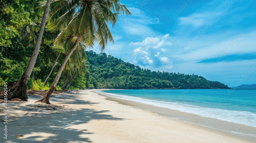 Obraz premium Scenic Southeast Asian beach with white sand and palm trees, tranquil tropical paradise