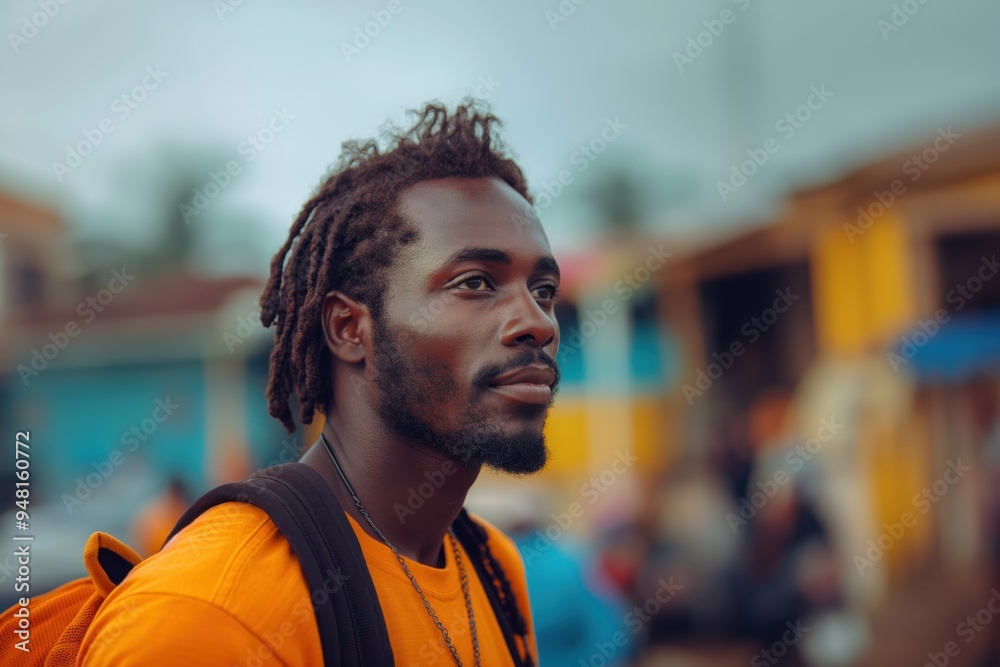 Fototapeta premium Young man with dreadlocks in urban setting wearing orange shirt