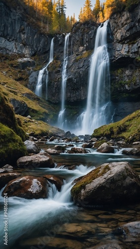 Waterfall cascading down rocks in a picturesque mountain landscape, offering a scenic natural view