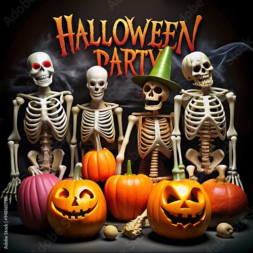 A vibrant 3D cartoon of a skeleton, zombie, and a pumpkin, with the word 