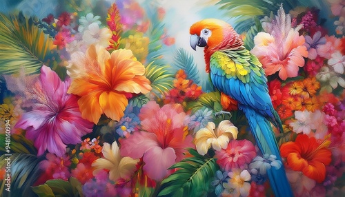 blue and yellow macaw , 1. "Tropical Harmony: A Parrot Amongst Vibrant Blooms" 2. "Feathered Elegance: Parrot Adrift in a Pastel Flower Garden"