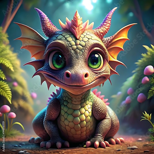 A close-up portrait of a dragon with on a texture background. Featuring its big eyes, pink nose and looking at the camera. photo