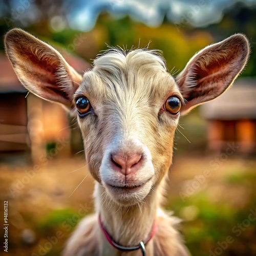 A close-up portrait of a goat with on a texture background. Featuring its big eyes, pink nose and looking at the camera. photo