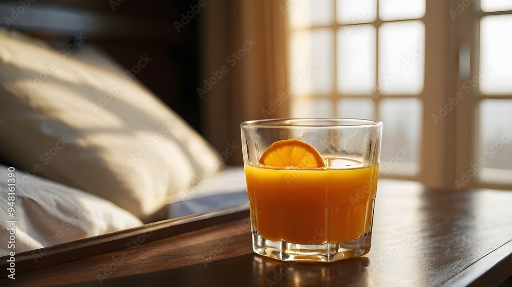 Sunlit Morning Bliss: Refreshing Orange Juice by the Bedside Sunlit Morning Bliss: Refreshing Orange Juice by the Bedside