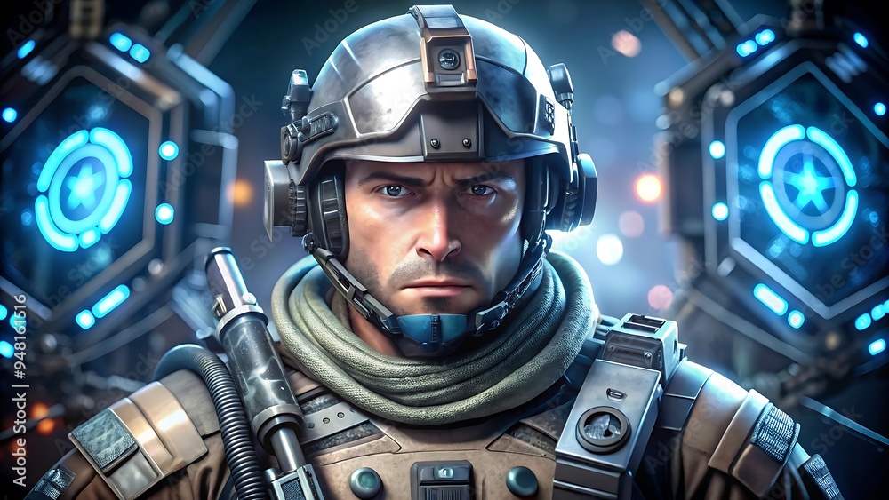 Male soldier wearing tactical uniform with war in the future world.