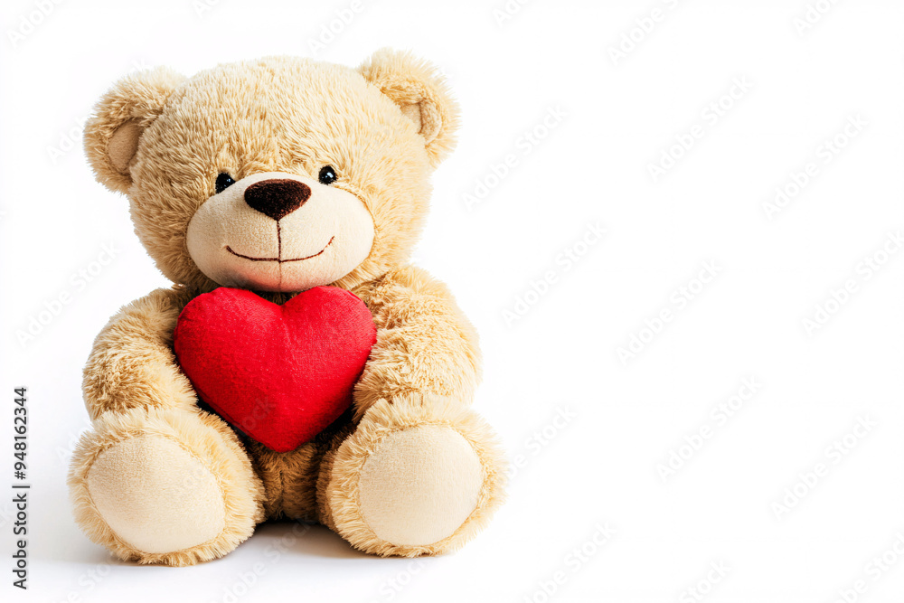 Fototapeta premium soft plush teddy bear sits holding a red heart on its lap against a plain white background symbolizing love and affection