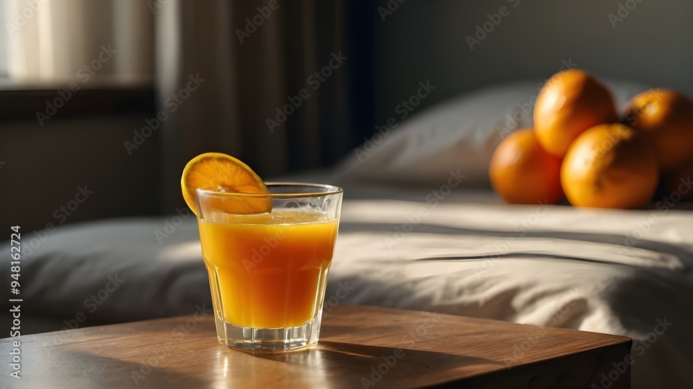 Sunlit Morning Bliss: Refreshing Orange Juice by the Bedside Sunlit Morning Bliss: Refreshing Orange Juice by the Bedside