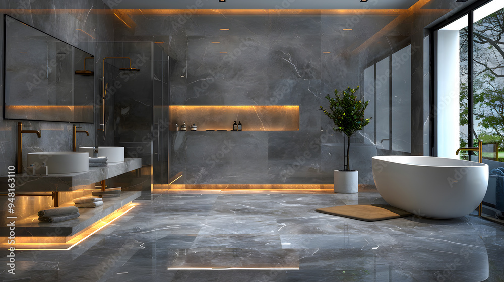 sleek grey marble bathroom with LED lighting, double vanity, and freestanding tub