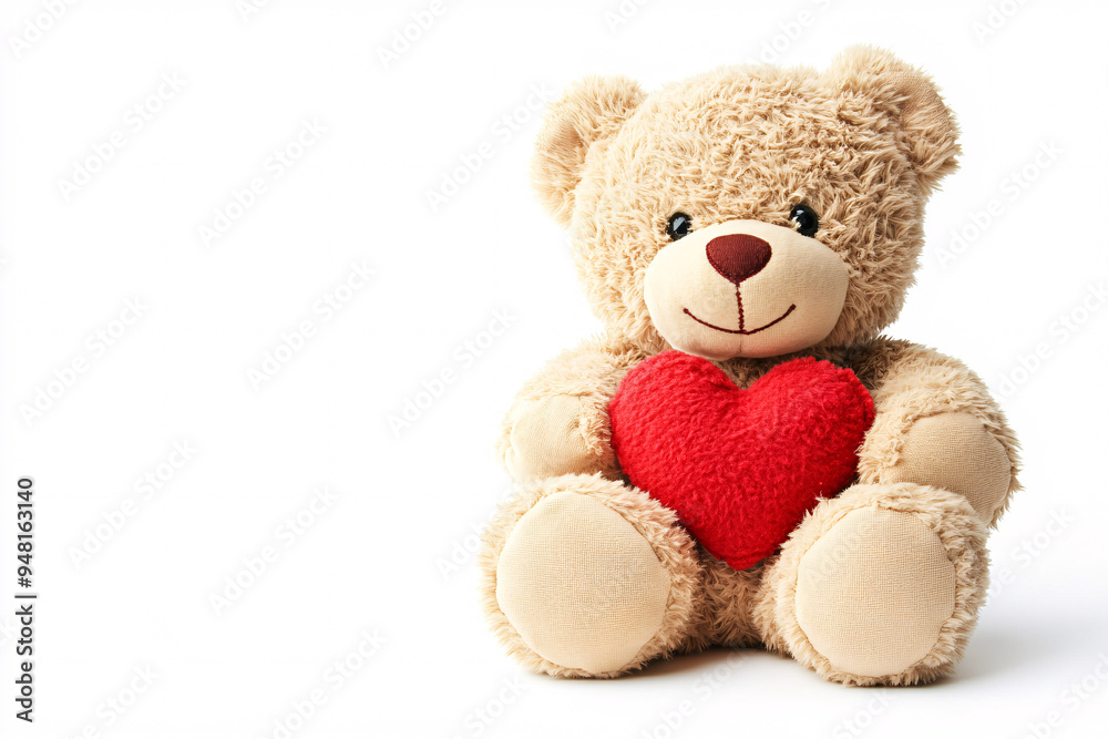 plush teddy bear holding a bright red heart on a white background portraying warmth and affection plush teddy bear holding a bright red heart on a white background portraying warmth and affection