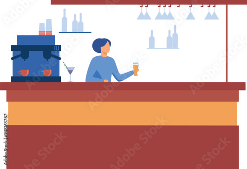 The girl is serving beer at the bar counter.