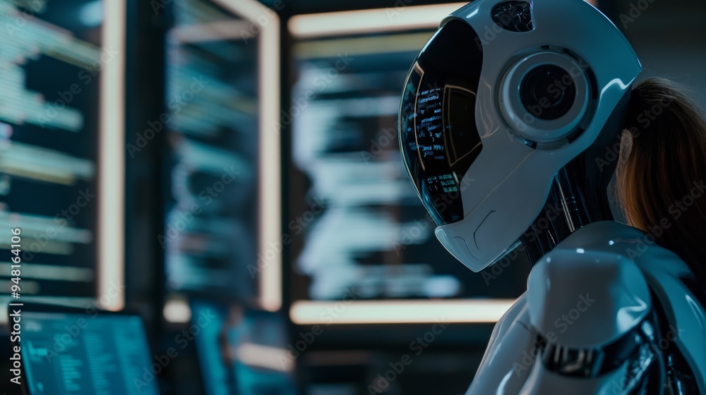 Fototapeta premium a robot working at high technology laboratory office environment with big screen full o algorithms and codes 