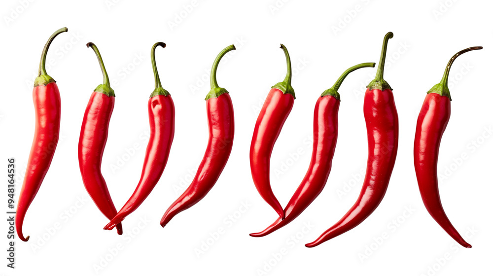 Fresh whole cayenne peppers arranged neatly isolated on transparent background Fresh whole cayenne peppers arranged neatly isolated on transparent background