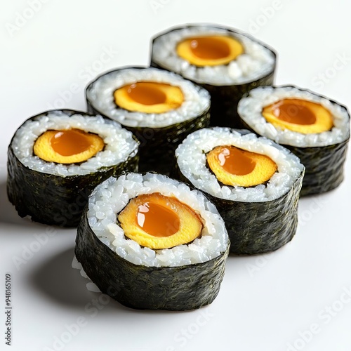 Egg sushi with seaweed wrap, rice grains visible, glossy shine, isolated on white background, deep and rich colors