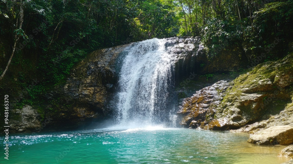 Scenic Southeast Asian waterfall in a tropical jungle, crystal-clear pool below, no people Scenic Southeast Asian waterfall in a tropical jungle, crystal-clear pool below, no people