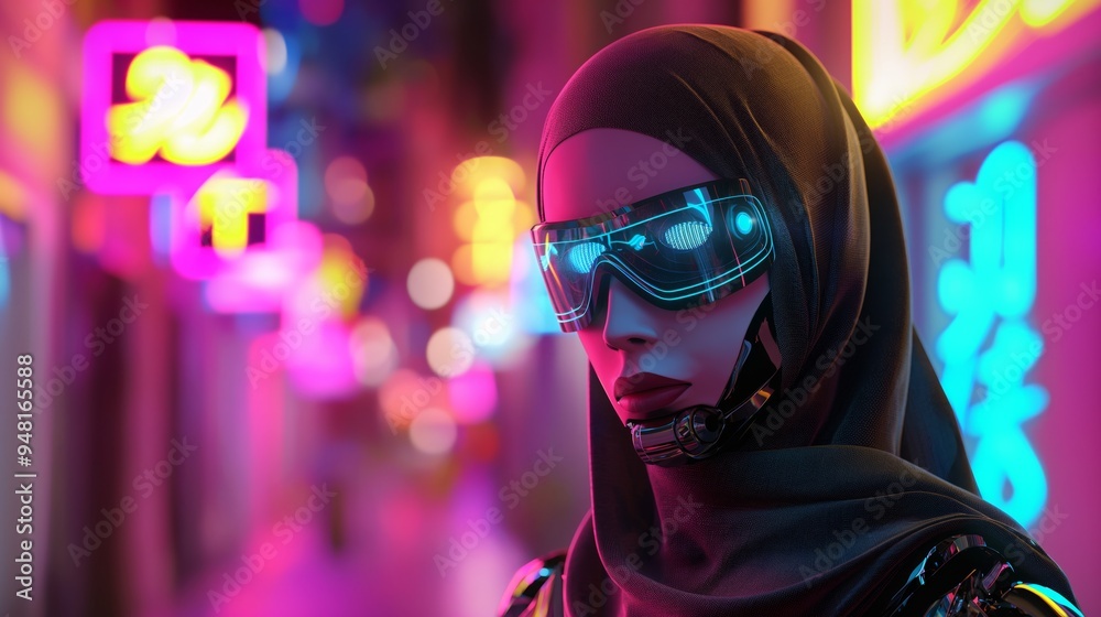high technology modern robot wearing hijab or headcover cloth standing at the hill with bokeh light of urban metropolis cityscape at nighttime high technology modern robot wearing hijab or headcover cloth standing at the hill with bokeh light of urban metropolis cityscape at nighttime