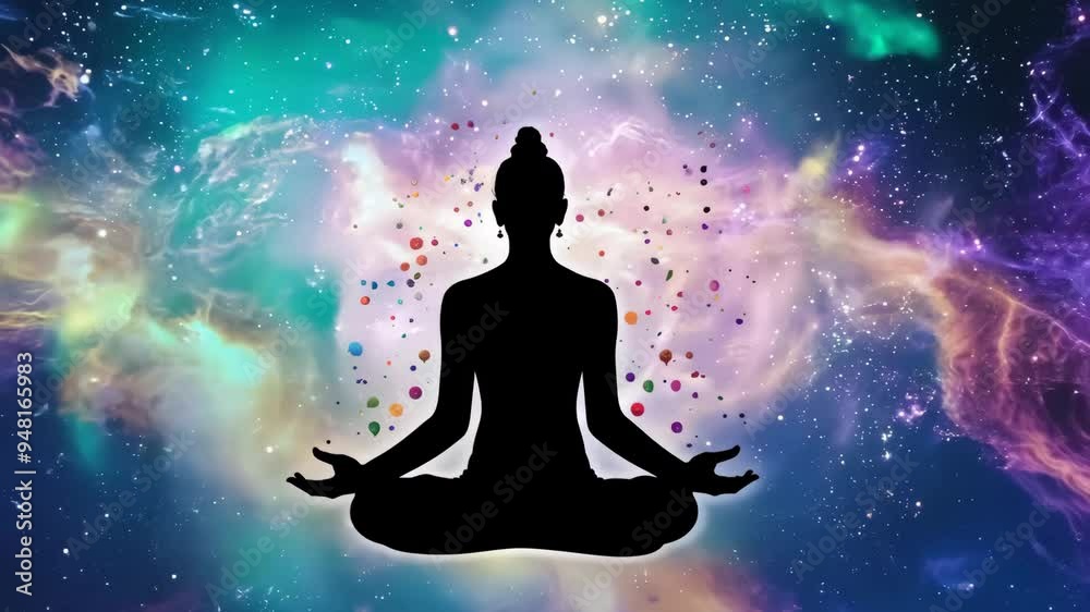 Contemplative silhouette of a person meditating under a cosmic backdrop at twilight