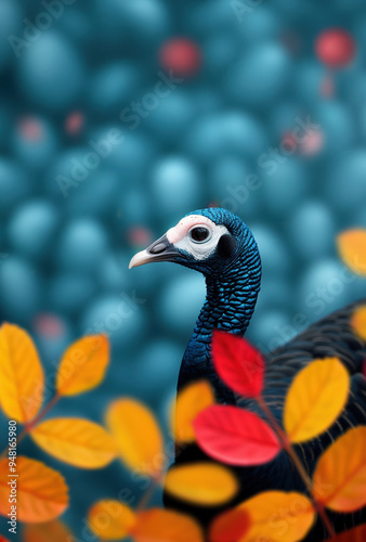 Thanksgiving-themed illustration featuring a detailed turkey with autumn leaves and berries against a soft blue background. photo