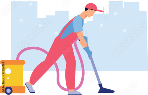 The boy is cleaning the floor with a vacuum cleaner.