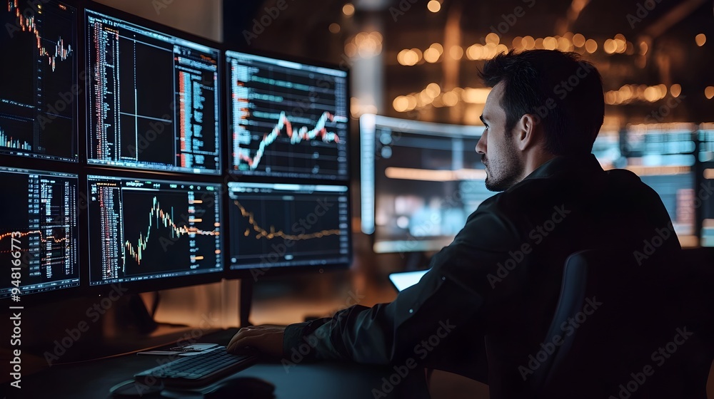 Focused Trader Analyzing Real-Time Data on Large Monitors for Business Strategy and Investment Focused Trader Analyzing Real-Time Data on Large Monitors for Business Strategy and Investment