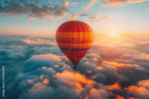 A hot air balloon floating above bright, sunlit clouds in the morning. The sun paints the scene in soft yellows and pinks. The clouds appear almost translucent, glowing with a soft luminescence.