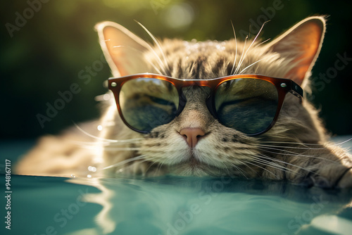 Funny animal resting by the poolside swimming in crystal clear turquoise water rich resort summer vacation Generative AI picture