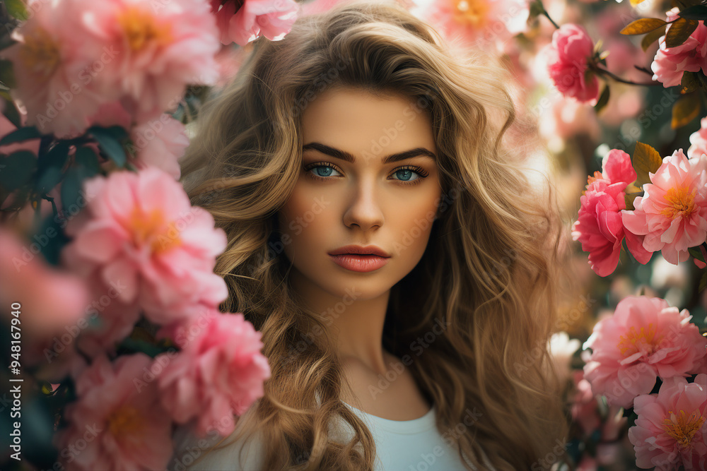 AI generated photo image of woman in the fields among the flowers AI generated photo image of woman in the fields among the flowers