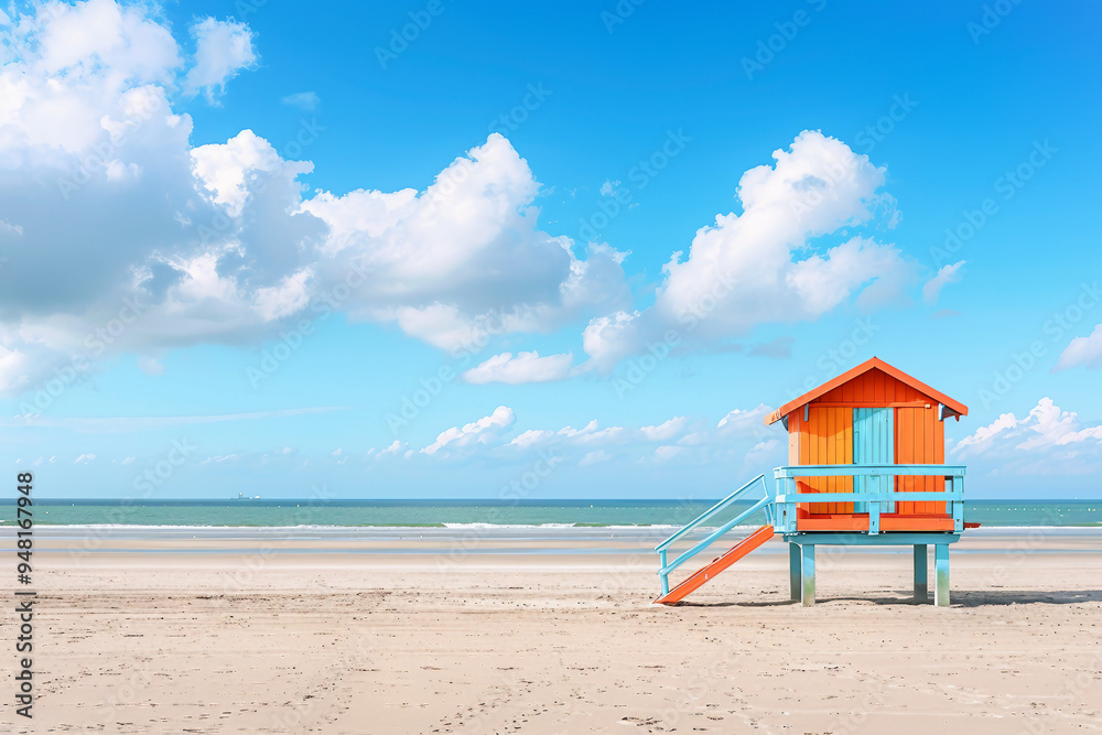 Generated with AI close up photo of lifeguard house on sandy beach Generated with AI close up photo of lifeguard house on sandy beach
