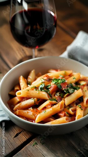 Penne pasta in a rich tomato sauce garnished with fresh parsley and parmesan cheese, served in a bowl alongside a glass of red wine on a rustic wooden table