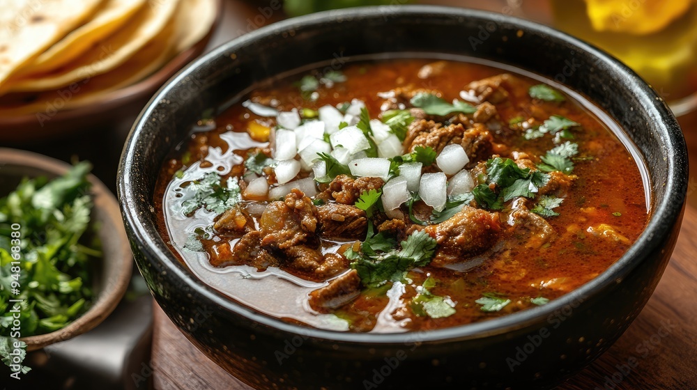 A hearty bowl of Birria soup with a deep, rich broth, served with a side of tortillas, onions, and cilantro. - A hearty bowl of Birria soup with a deep, rich broth, served with a side of tortillas, onions, and cilantro. -