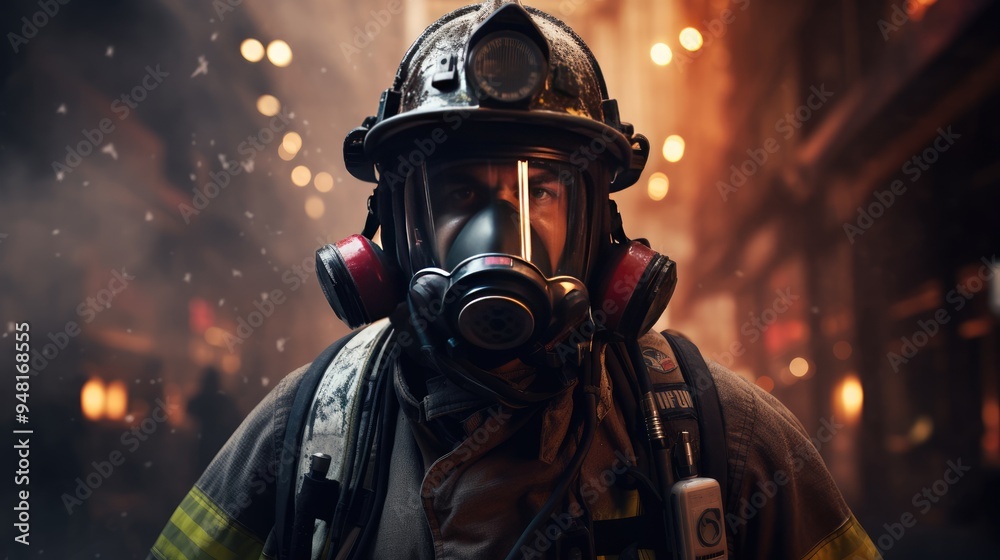 Brave Hero in Firefighter Gear and Gear Mask for Emergency Protection Brave Hero in Firefighter Gear and Gear Mask for Emergency Protection