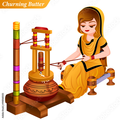 Punjabi Woman Churning Butter with Wooden Madhani – Ethnic Indian Culture Vector Art photo