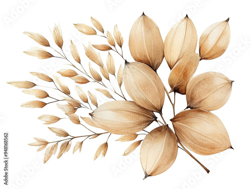 Elegant dried botanical arrangement featuring soft beige leaves and delicate branches, perfect for home decor or design projects.