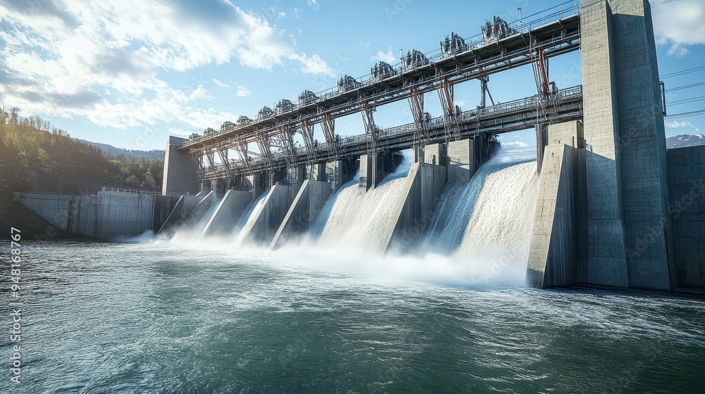 The hydropower station features large spillways releasing significant water flow into the river, showcasing energy generation at work The hydropower station features large spillways releasing significant water flow into the river, showcasing energy generation at work