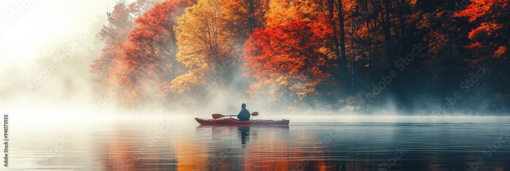 Fototapeta premium A person kayaking in water with colorful Autumn foliage woods
