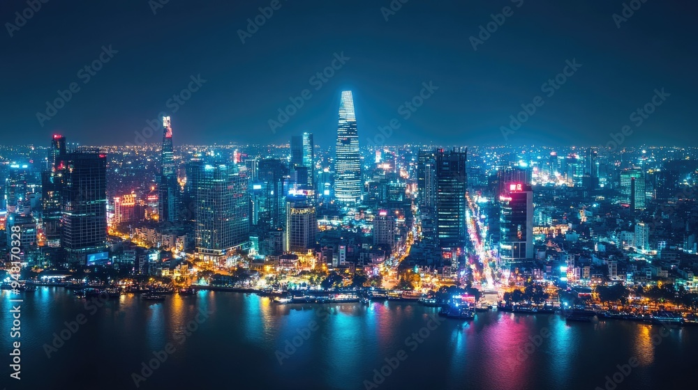 Fototapeta premium Iconic skyline of Ho Chi Minh City, Vietnam, at night with bright lights. No people, copy space.