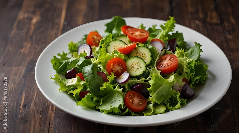 Green salad with fresh leaves and vegetables in white plat.generative.ai Green salad with fresh leaves and vegetables in white plat.generative.ai
