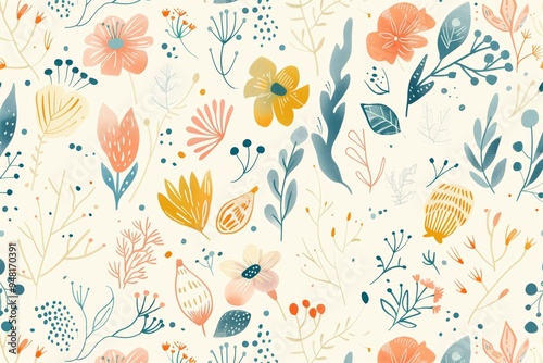 Colorful floral pattern on a cream background featuring various flowers, leaves, and botanical elements ideal for textile design