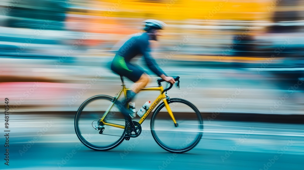 Fototapeta premium Speeding Cyclist Zipping Through Blurred City Street Scenery