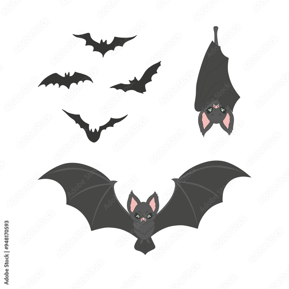 Fototapeta premium Cute bat vector clip-art set isolated on white. Coquette Halloween illustration.