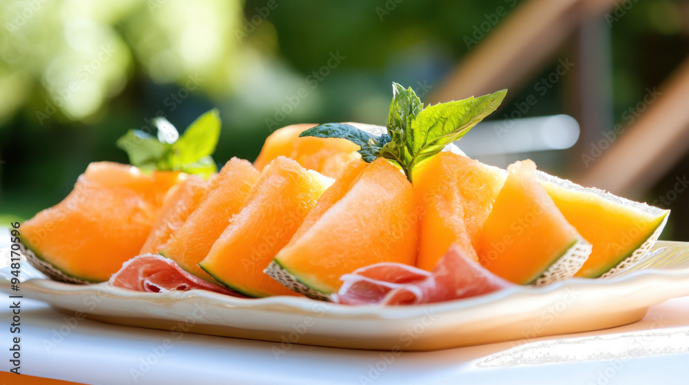 Freshly sliced cantaloupe and prosciutto served on a platter, garnished with mint, highlighting a summer outdoor dining experience Freshly sliced cantaloupe and prosciutto served on a platter, garnished with mint, highlighting a summer outdoor dining experience