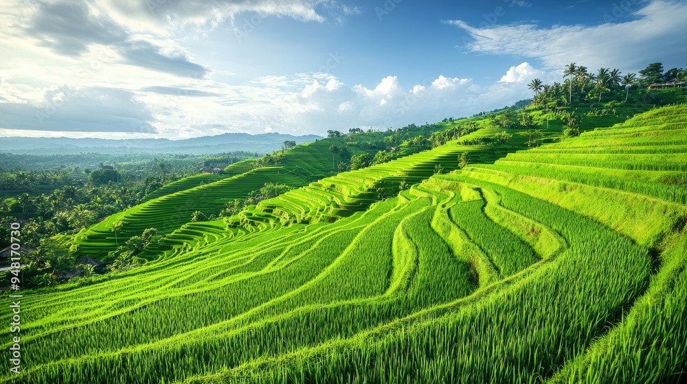 Lush green terraced rice fields in Bali, Indonesia, under a bright sky. No people, copy space. Lush green terraced rice fields in Bali, Indonesia, under a bright sky. No people, copy space.