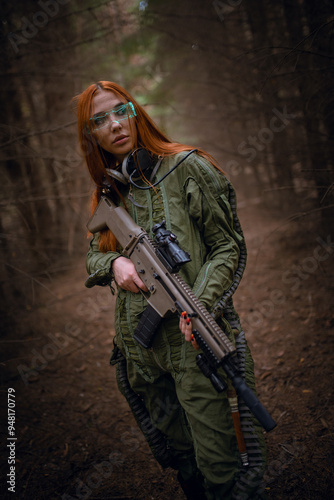 Girl an astranaut concept walking through the dark forest on another planet concept. Space traveler.