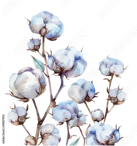Watercolor blue cotton pattern on a transparent background. Watercolor cotton in a pattern, on a transparent background. Template for textiles, backgrounds, etc.