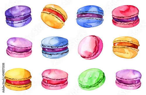 Watercolor set of vmakarun png desserts. Colorful almond macarons, almond cookies, sweet and beautiful dessert on a transparent background. Vector illustration