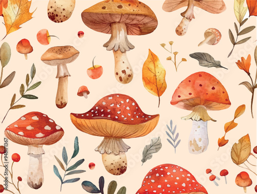 Aquatic background of forest mushrooms and autumn plants.