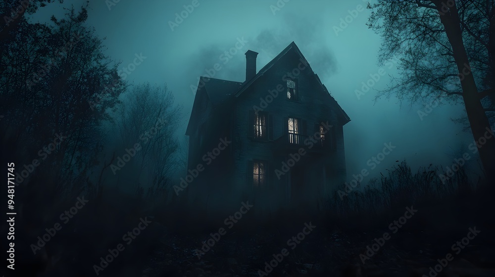 Eerie Haunted Mansion Looming in the Mysterious Foggy Forest at Night Eerie Haunted Mansion Looming in the Mysterious Foggy Forest at Night