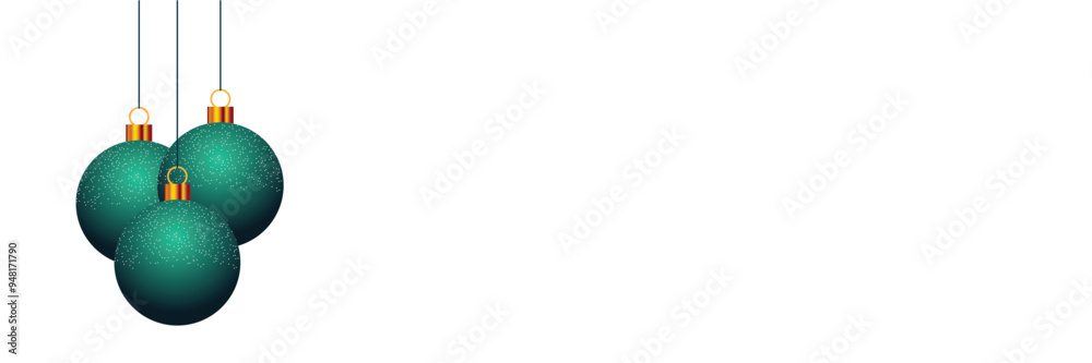 Three christmas balls hanging against transparent background with copy space. Winter holiday banner tamplate.