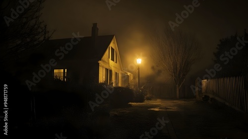 Dimly Lit Cottage in the Darkness of a Mysterious Winter Night photo