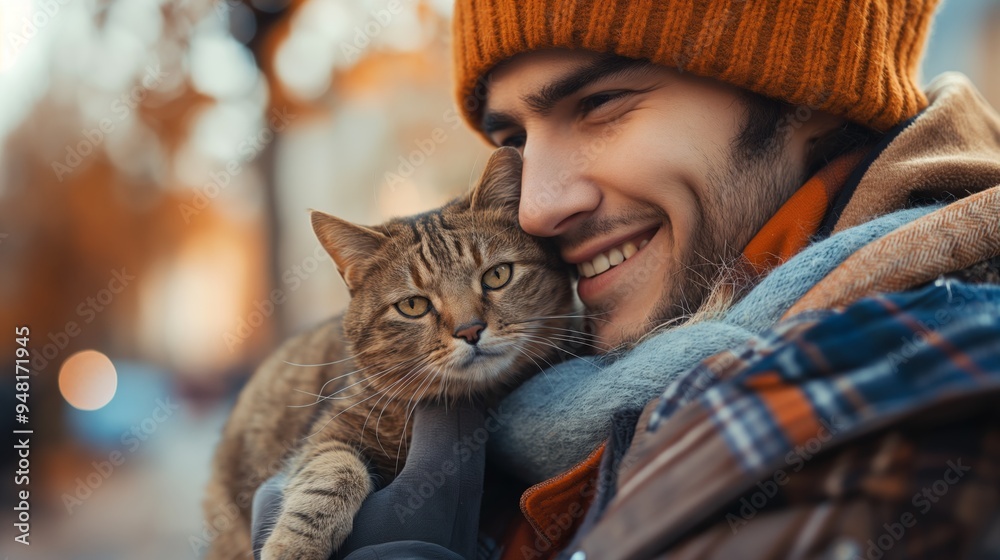 happy man smiling hugging his cat at outdoor nature landscape happy man smiling hugging his cat at outdoor nature landscape