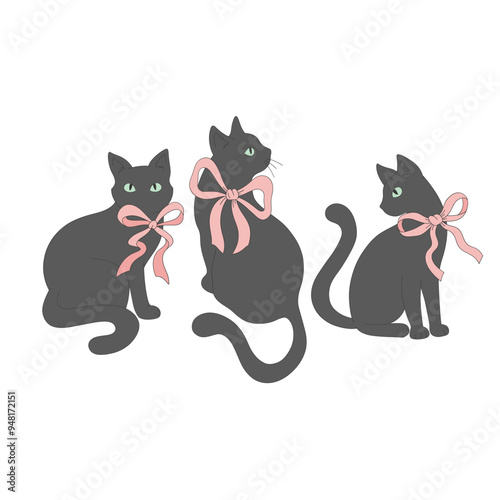 Cute black cat vector clip-art set isolated on white. Coquette Halloween illustration.